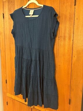 Knox Rose Blue Textured Casual Dress with Embroidered Trim